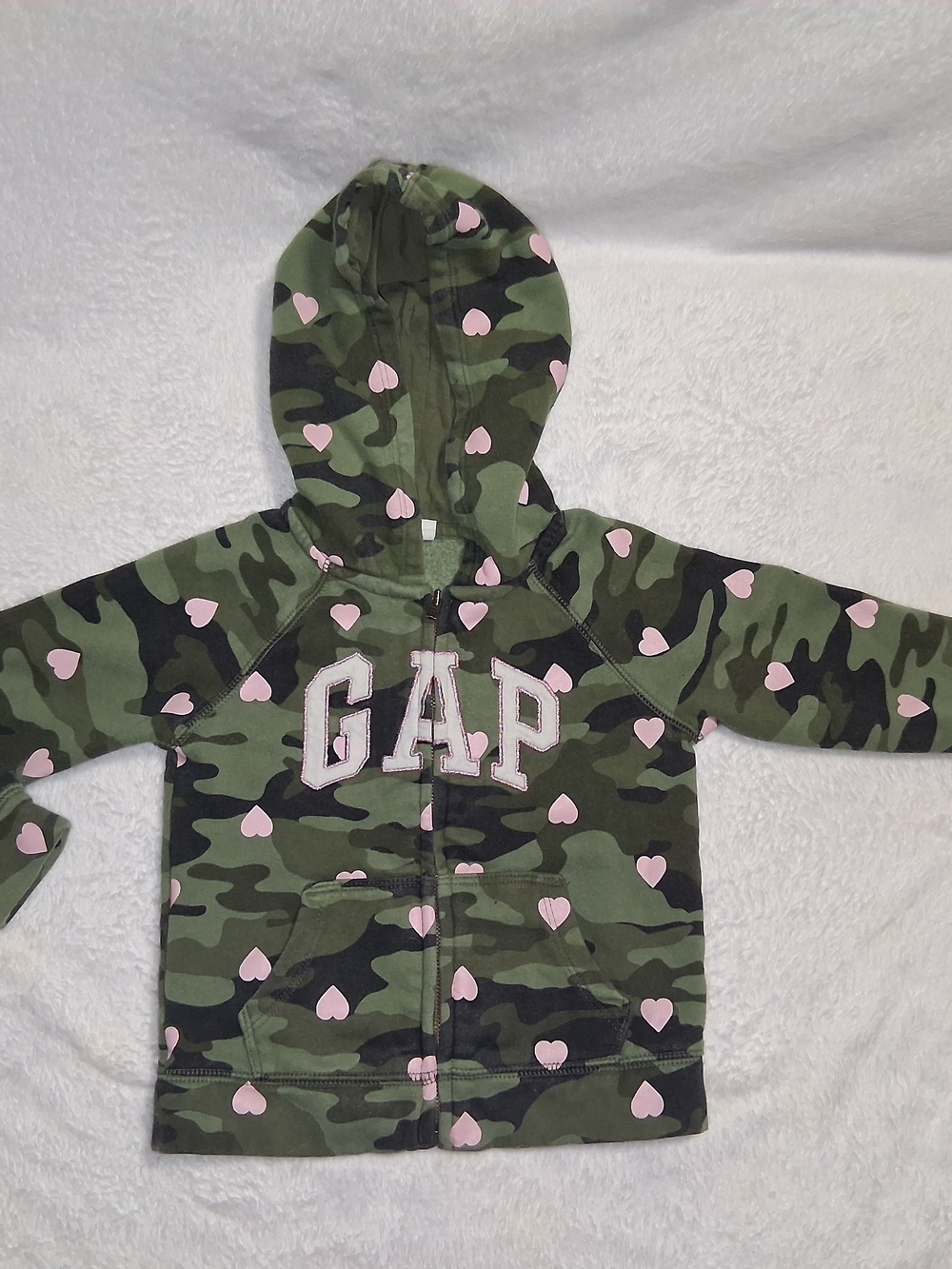 GAP Green Camo Hoodie with Pink Heart Accent